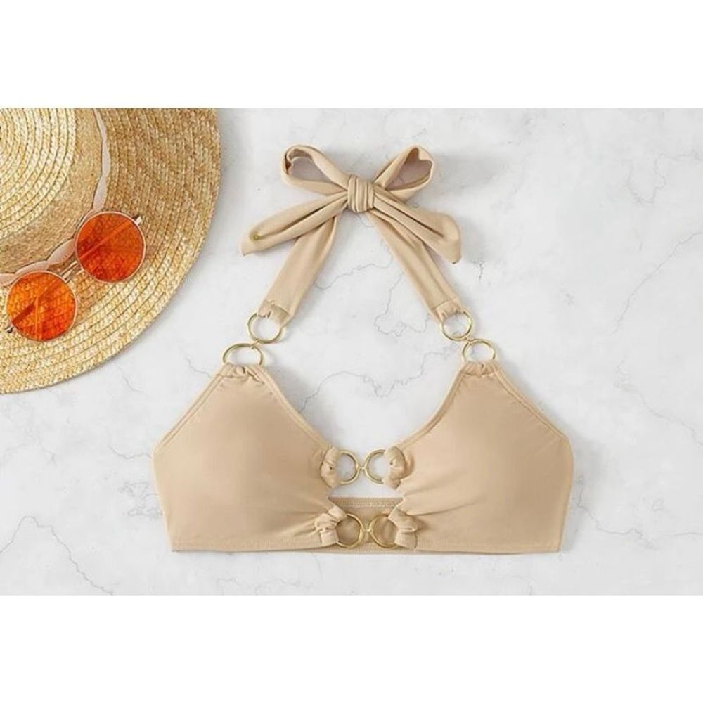 Shein Tan Brown Large Gold Ring Linked Bikini Top